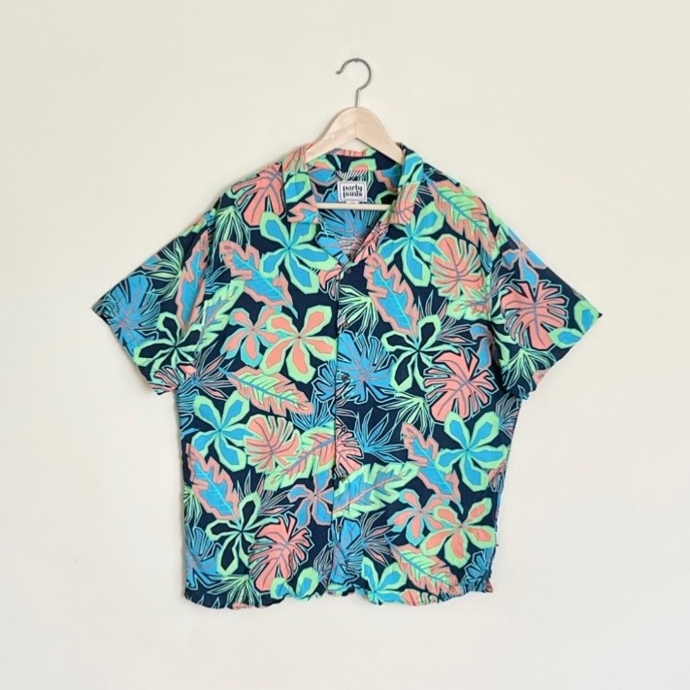 Party Pants Neon Palm Leaf Tropical Hawaiian Button Down Shirt Men’s size Large